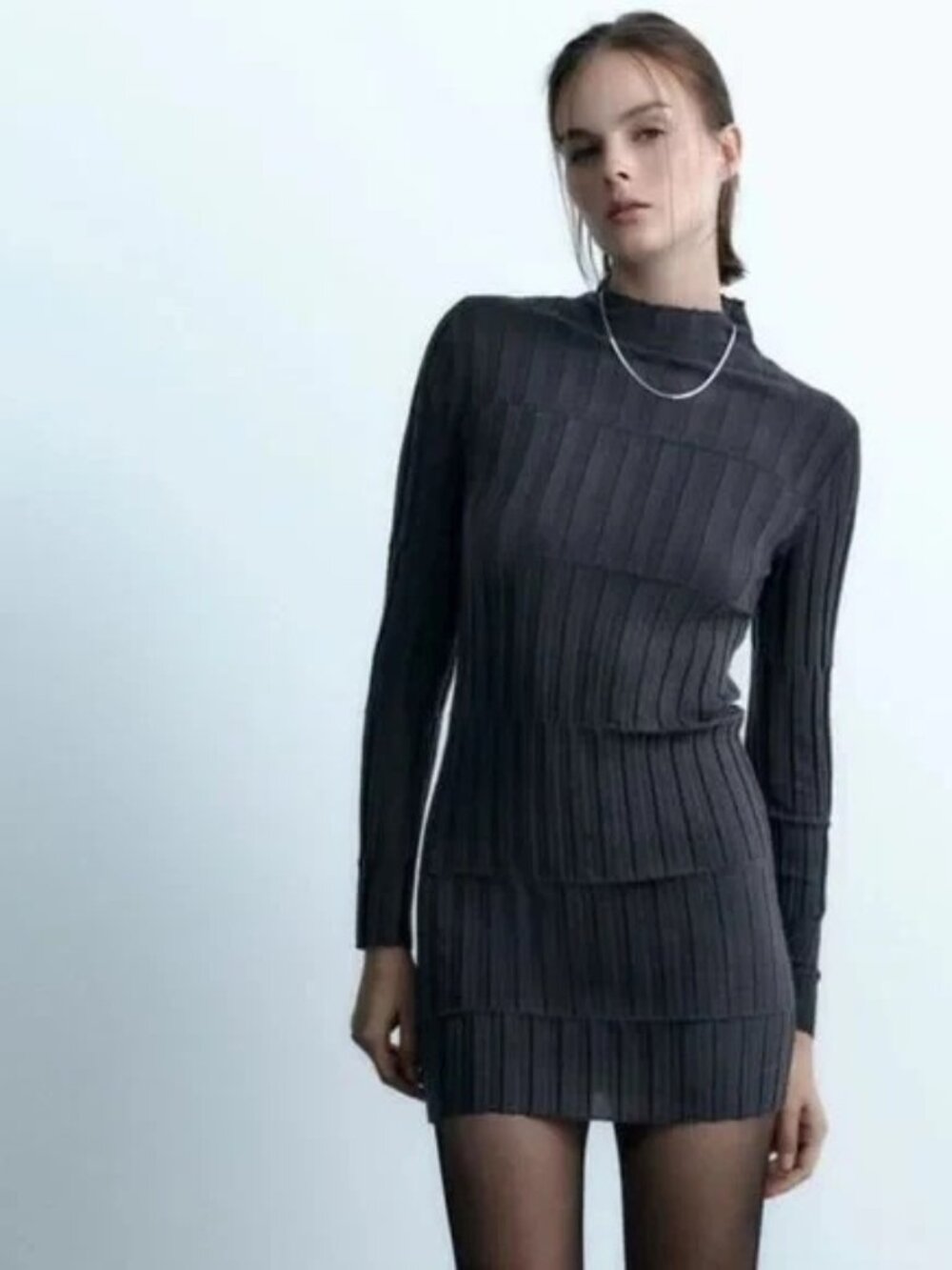 Zara Mock Neck Ribbed Knit Dress Bodycon Gray Size XL NWT